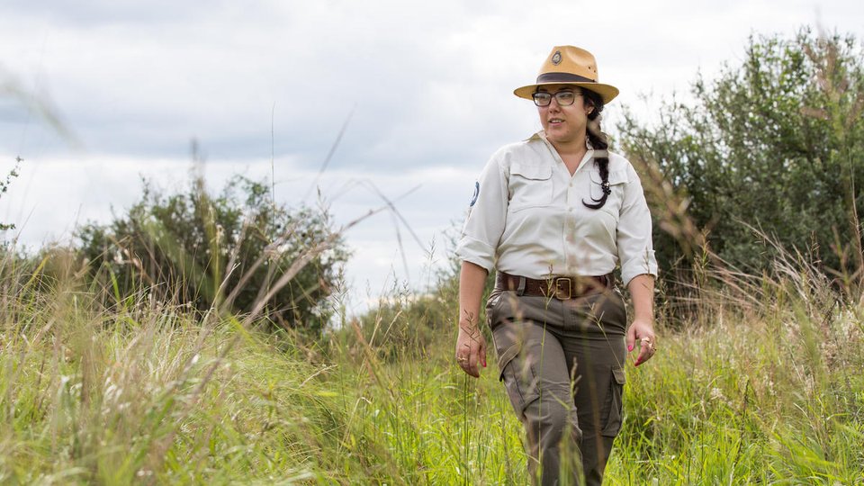 Ranger Liliana Alzogaray walks through tall grass in the Chaco on a cloudy day