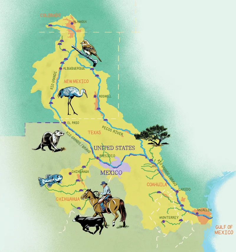 Illustrative map of Rio Grande watershed showing flora and fauna