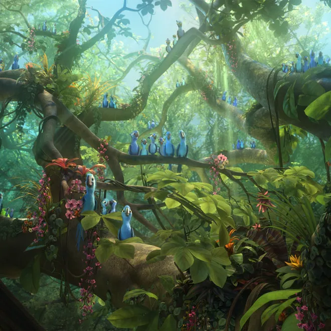 A still from an animated film that depicts a lush rainforest with light filtering in and blue macaws on the branch.
