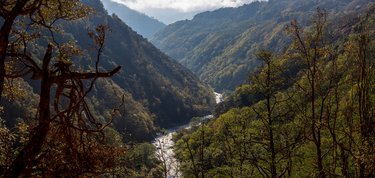 A river running through a valley in Trongsa district, Bhutan.