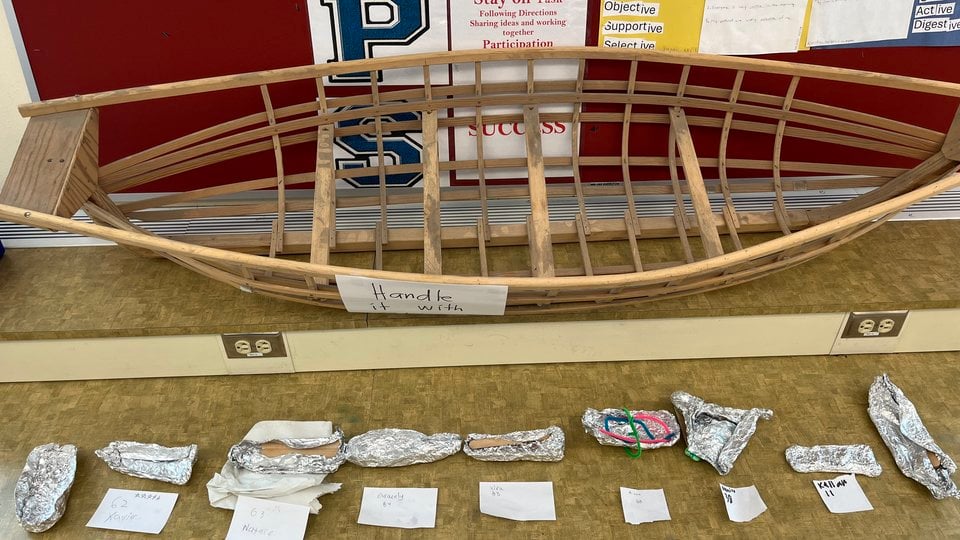 A view of a boat skeleton created by students for a science project
