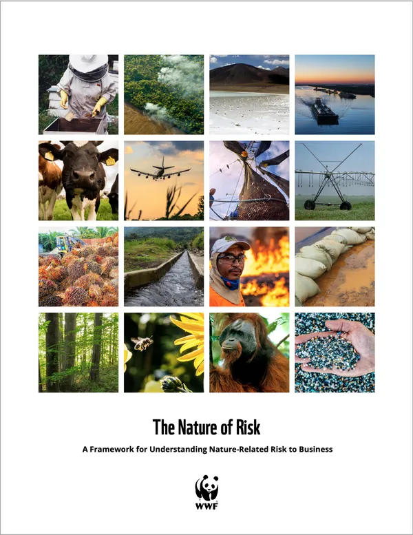 A report cover made up of 16 square images of people, wildlife, nature, and human-made products
