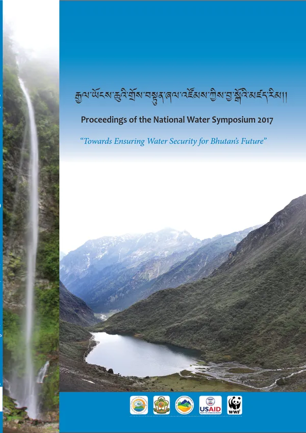 The cover of a report called "proceedings of the National Water Symposium 2017" with photos showing mountains, bodies of water and a waterfall.