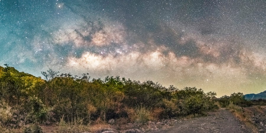 A night sky filled with stars over a grassy road