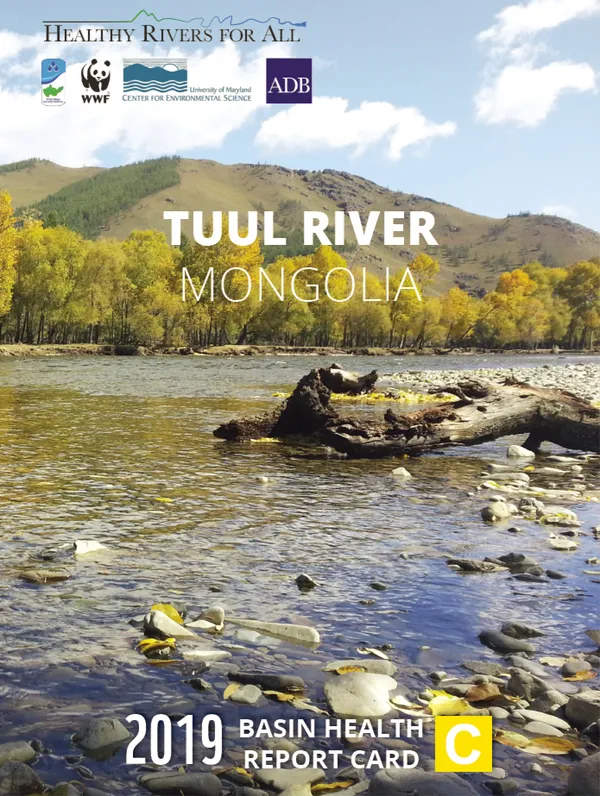 A scientific report cover with a photo of a river in the foreground and trees and a hill in the background.