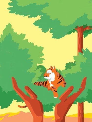 Illustration of 2 hands holding a tiger