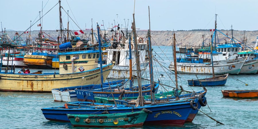 A cluster of small Peruvian fishing boats colored blue, green, yellow, and white that are moored in a secluded harbor on a hazy day.