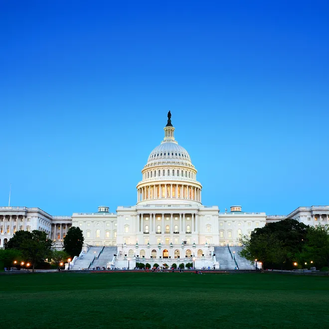 The U.S. Capitol building with a bright blue sky above it and dark green in the foreground.