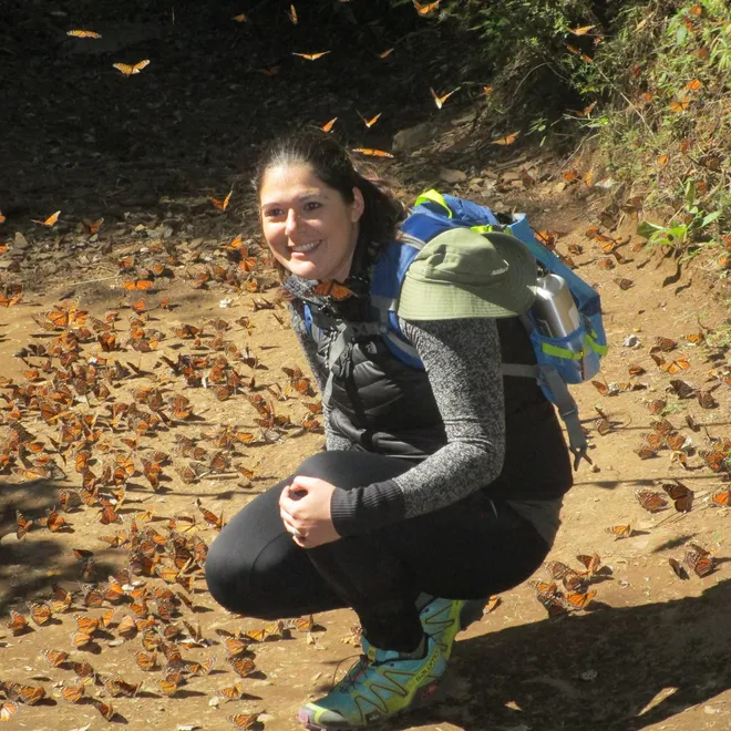 Mireille Hess amidst the monarchs in Mexico