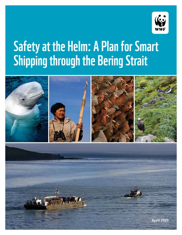 A scientific report cover with a mosaic of images of people and landscapes in the Bering Strait.