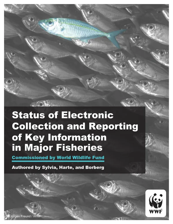 A scientific report cover with an image of silver fish with one highlighted in green and the title "Status of Electronic Collection and Reporting of Key Information in Major Fisheries."