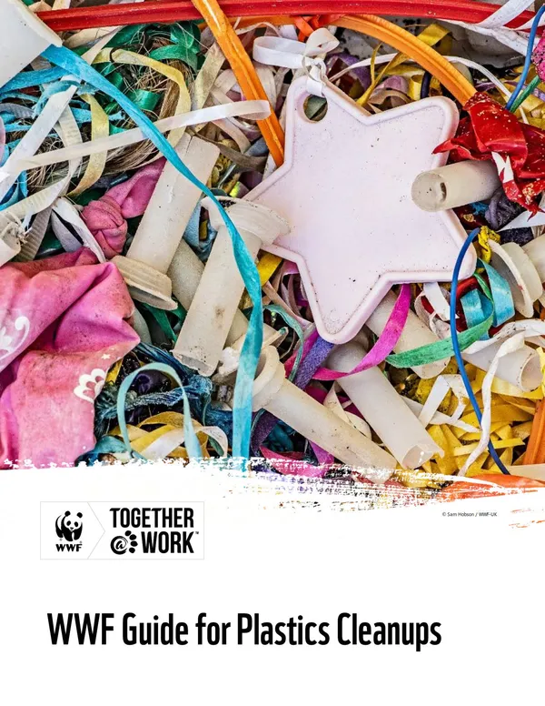 A scientific report cover with a photo of colorful plastics in a pile and the title "WWF Guide for Plastics Cleanup."