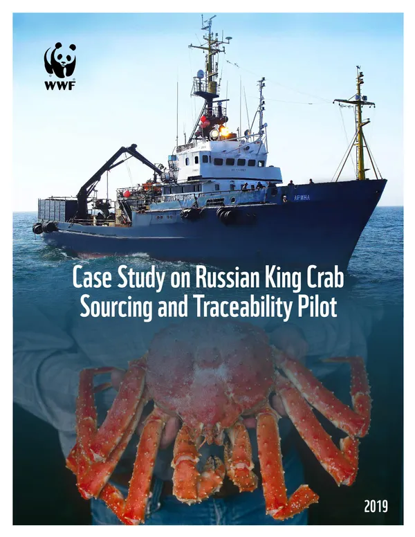A scientific report cover with an image of a fishing boat and an image of a large red crab with the report title: Case Study on Russian King Crab Sourcing and Traceability Pilot.