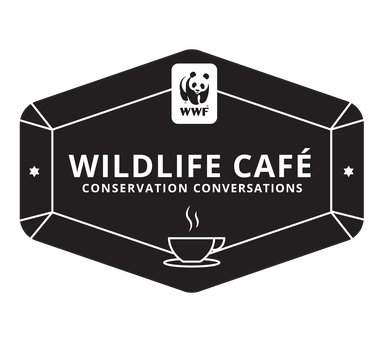 A dark gray diamond shape. Inside it the text reads 'Wildlife Cafe Conservation Conversations'. There is a icon of a steaming coffee cup. The WWF logo is at the top.
