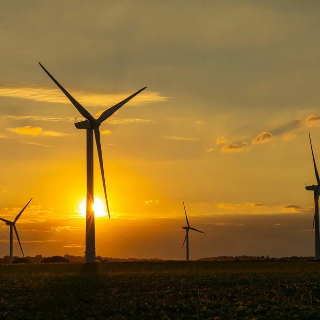 Wind turbines with a yellow sunset in the background