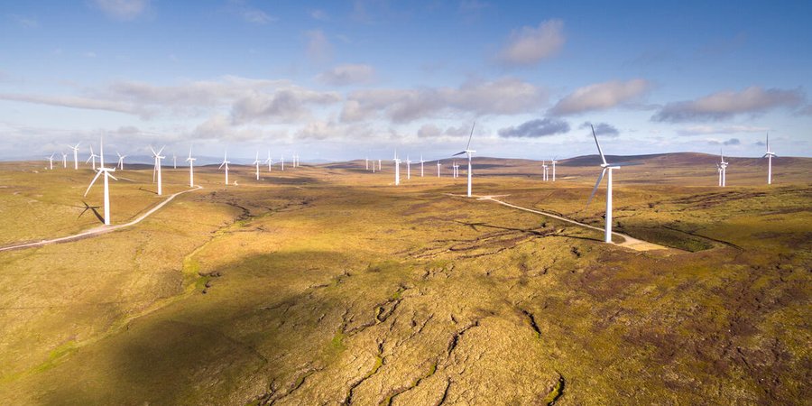 wind turbines stretch across peat landscape