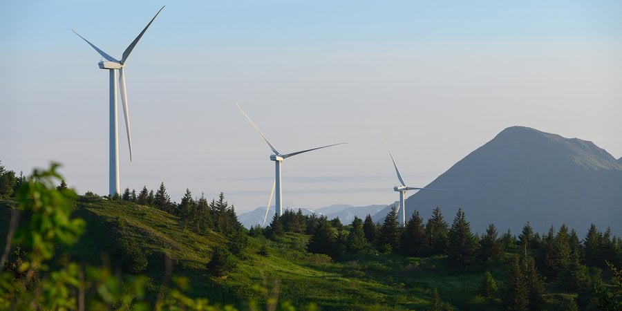 Wind turbine farm on Pillar Mountain in Kodaik, Alaska