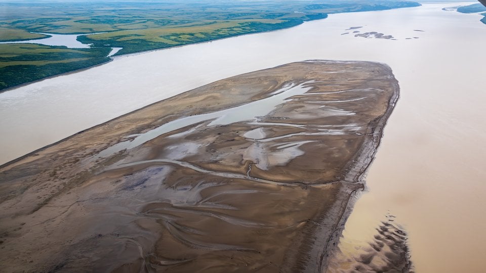 Aerial view of landscape along Yukon River, Alaska