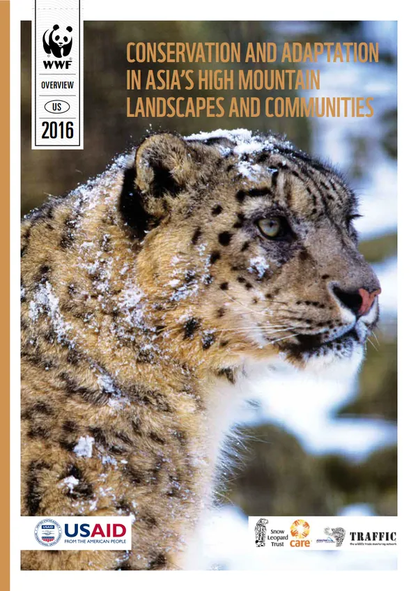 report cover with image on snowflake-dotted snow leopard staring into distance