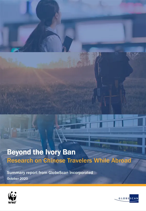 Report cover for Beyond the Ivory Ban featuring three images of travelers including one in airport, one hiking and one trailing suitcase down walkway