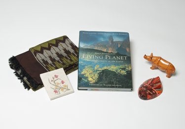 A woven cloth with a traditional pattern, two small carvings made from wood, a flower painting, and a book about conservation.