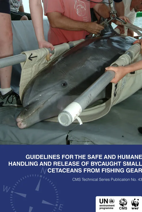 Cover image for Guidelines for the Safe and Humane Handling and Release of Bycaught Small Cetaceans from Fishing Gear featuring rescued dolphin on stretcher