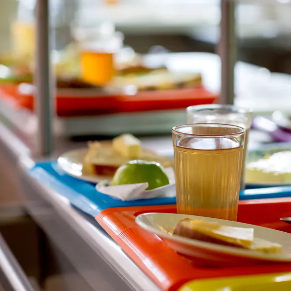 Food and drinks on cafeteria trays