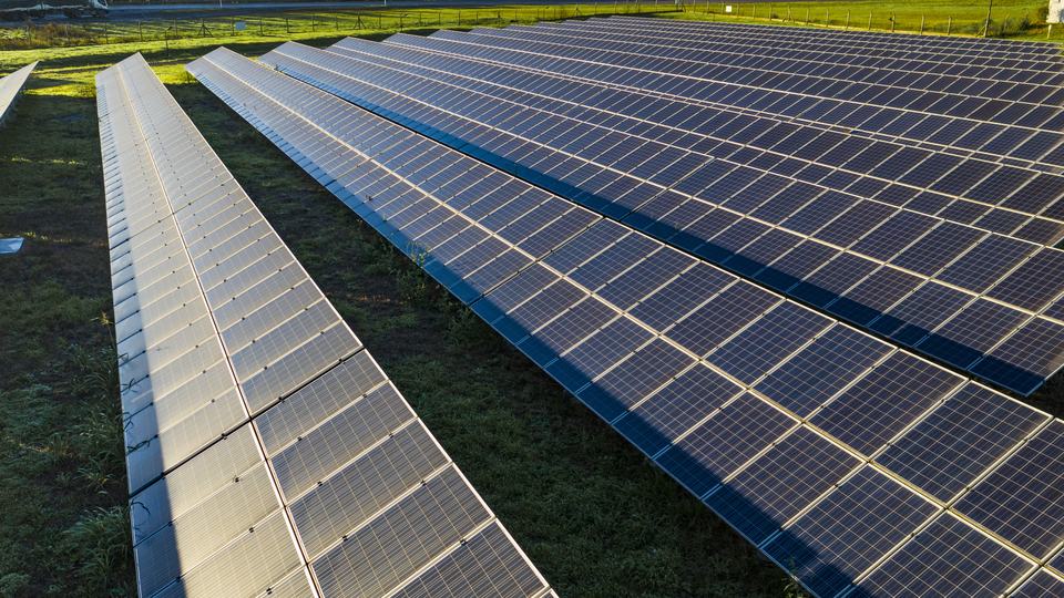 several rows of solar panels amid soil and green grass
