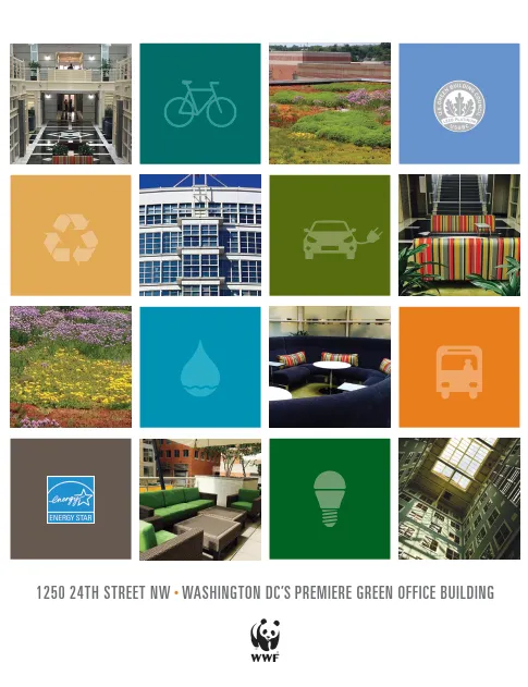 Collection of images from WWF DC headquarters including garden on green roof, shared spaces, atrium, and exterior of building along with graphic green symbols