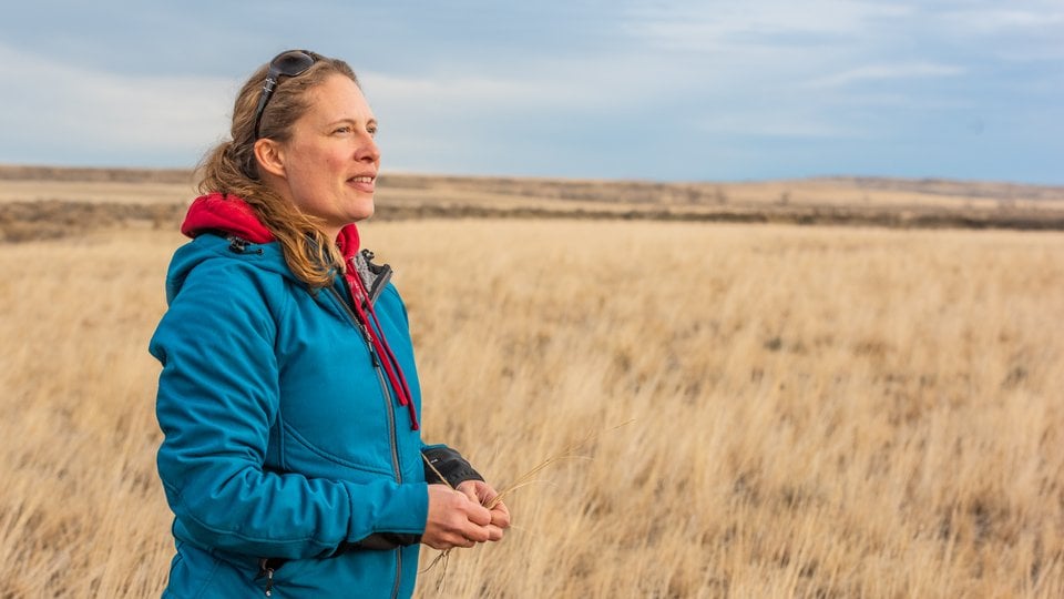 A woman stands in a field of brown grass