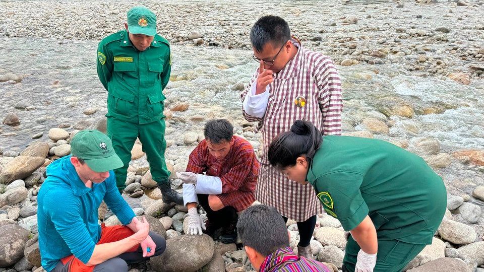A group of people gather round a small pump in a river to learn more about how to collect water samples