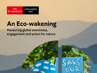 A cover of the Economist with the title "Eco-awakening" and other illustrations and photos.