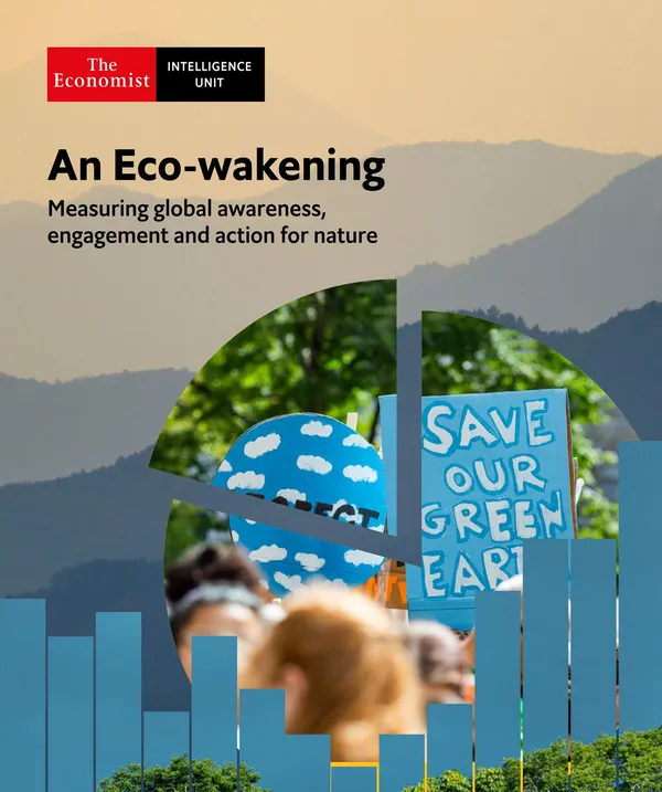 A cover of the Economist with the title "Eco-awakening" and other illustrations and photos.