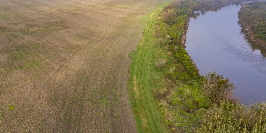 Farmland and a river bordered by trees