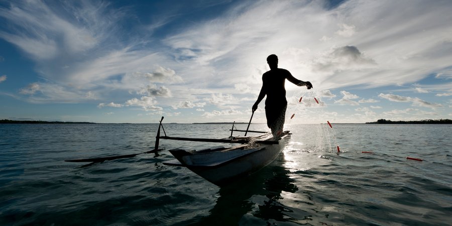 Person fishing with a net on a small boat