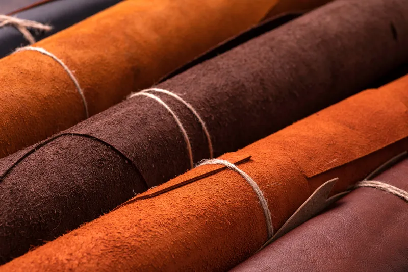 rolls of red and brown leather