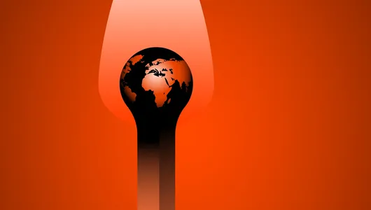 An illustrated match shows the planet earth in its flame