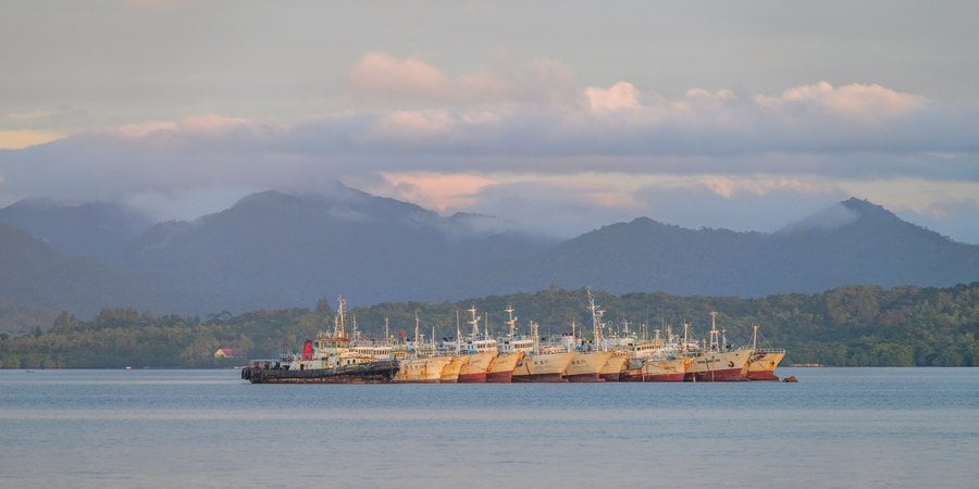A color photo of a fleet of longline fishing vessels in Suva Harbour. Viti Levu, Fiji