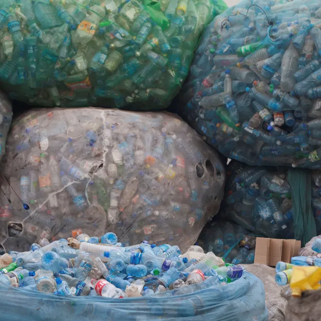 Bags of plastic bottles at a recycling station