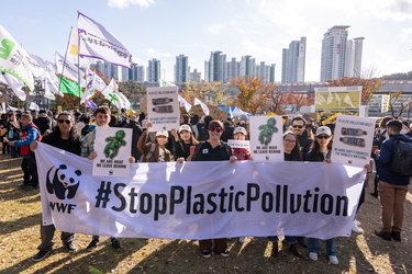 A group of people marching outdoors behind a banner that reads "#StopPlasticPollution"