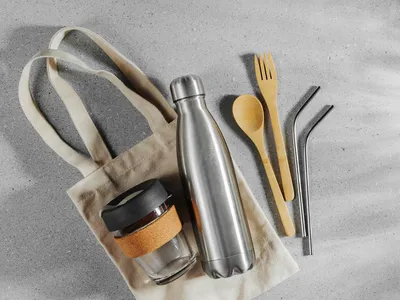 A collection of reusable bags, cups, cutlery