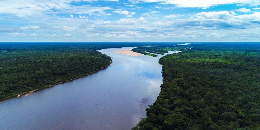 Aerial view of a free-flowing blue river snaking through the green Bolivian Amazon