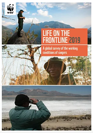 A report cover shows three images of wildlife rangers in a mountain, grassland, and river habitat