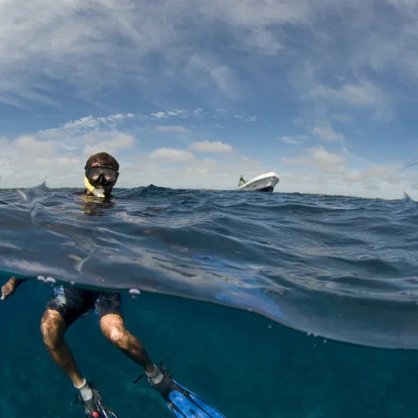 A snorkler with most of their body under water and their head above the surface of blue choppy water with a small boat in the background.