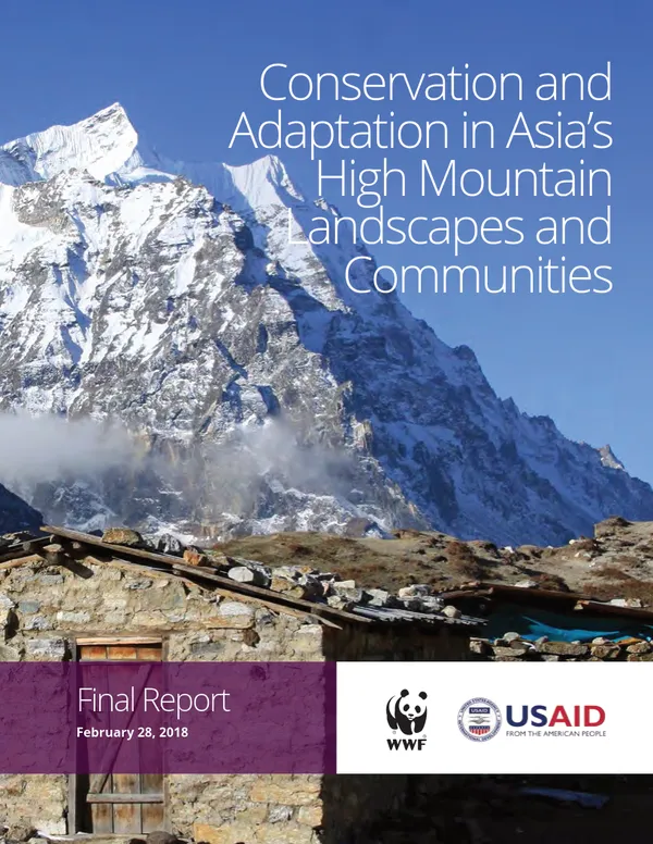 A report cover featuring a stone house in the foreground with a large, snow-covered mountain in the background