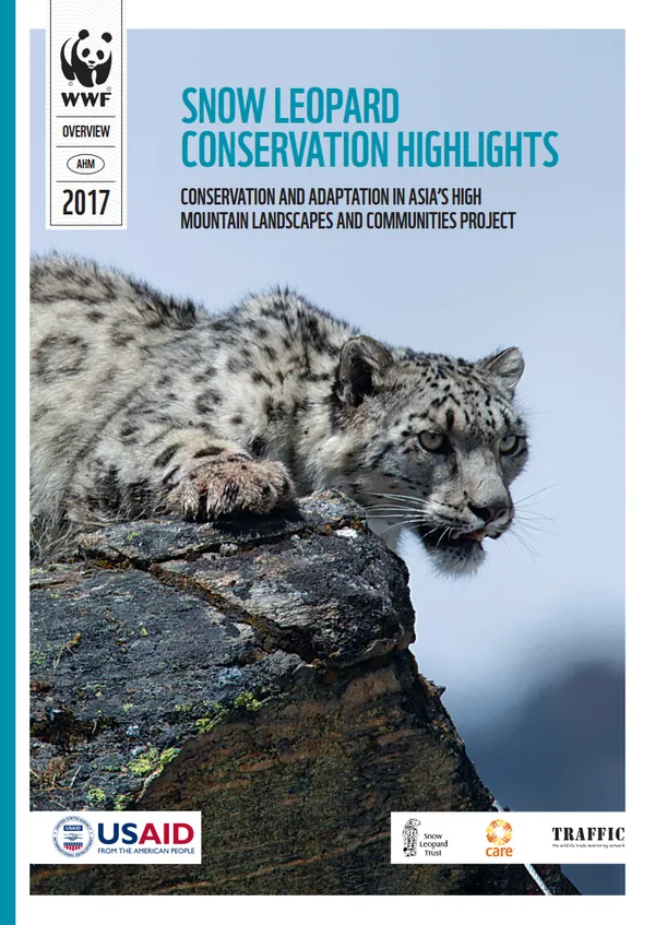 A report cover featuring a snow leopard crouched on a rock looking off camera