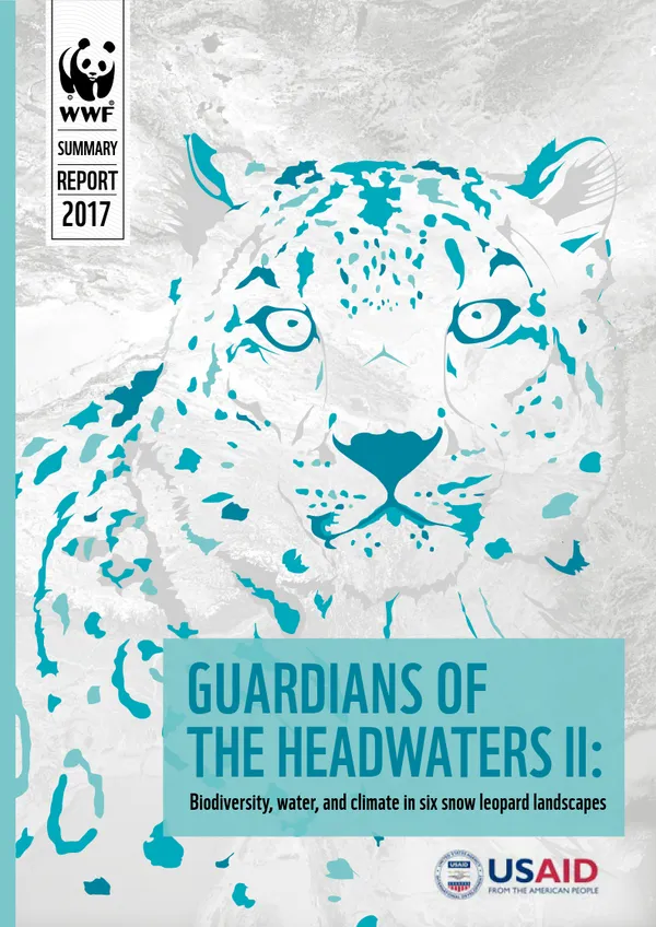 Report cover featuring a white and blue illustration of a snow leopard