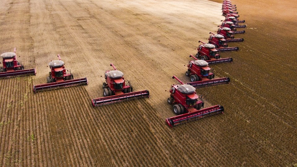 Mass soybean harvesting at a farm in Brazil