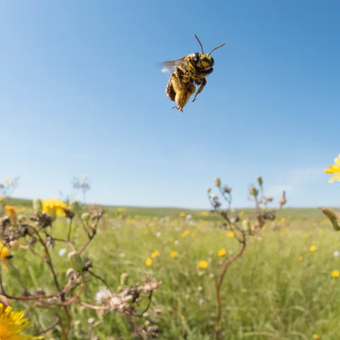 Sunflower bee hovers over flowering plants in grasslands of South Dakota