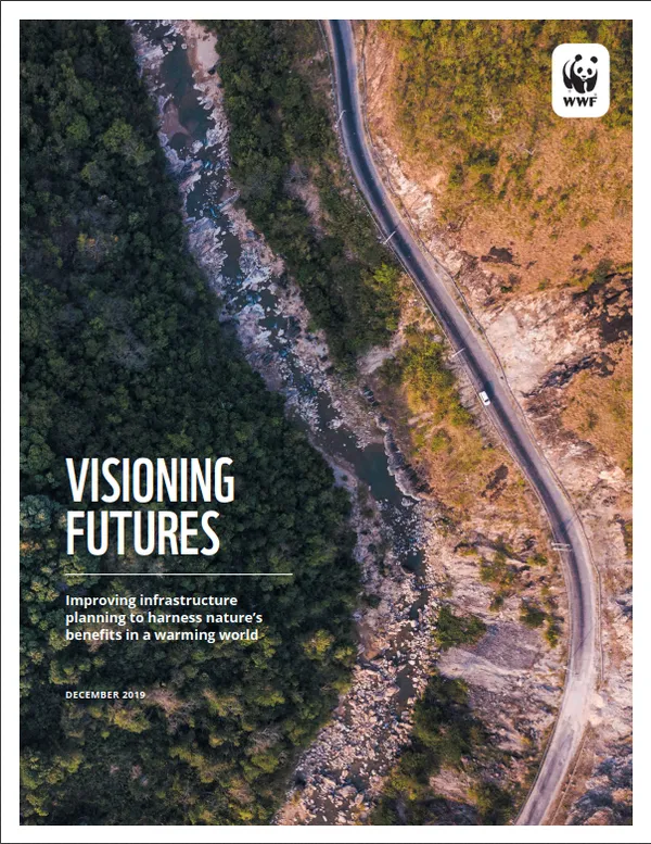 The cover page of a report called "Visioning Futures" with an aerial portrait photo showing nature and infrastructure.